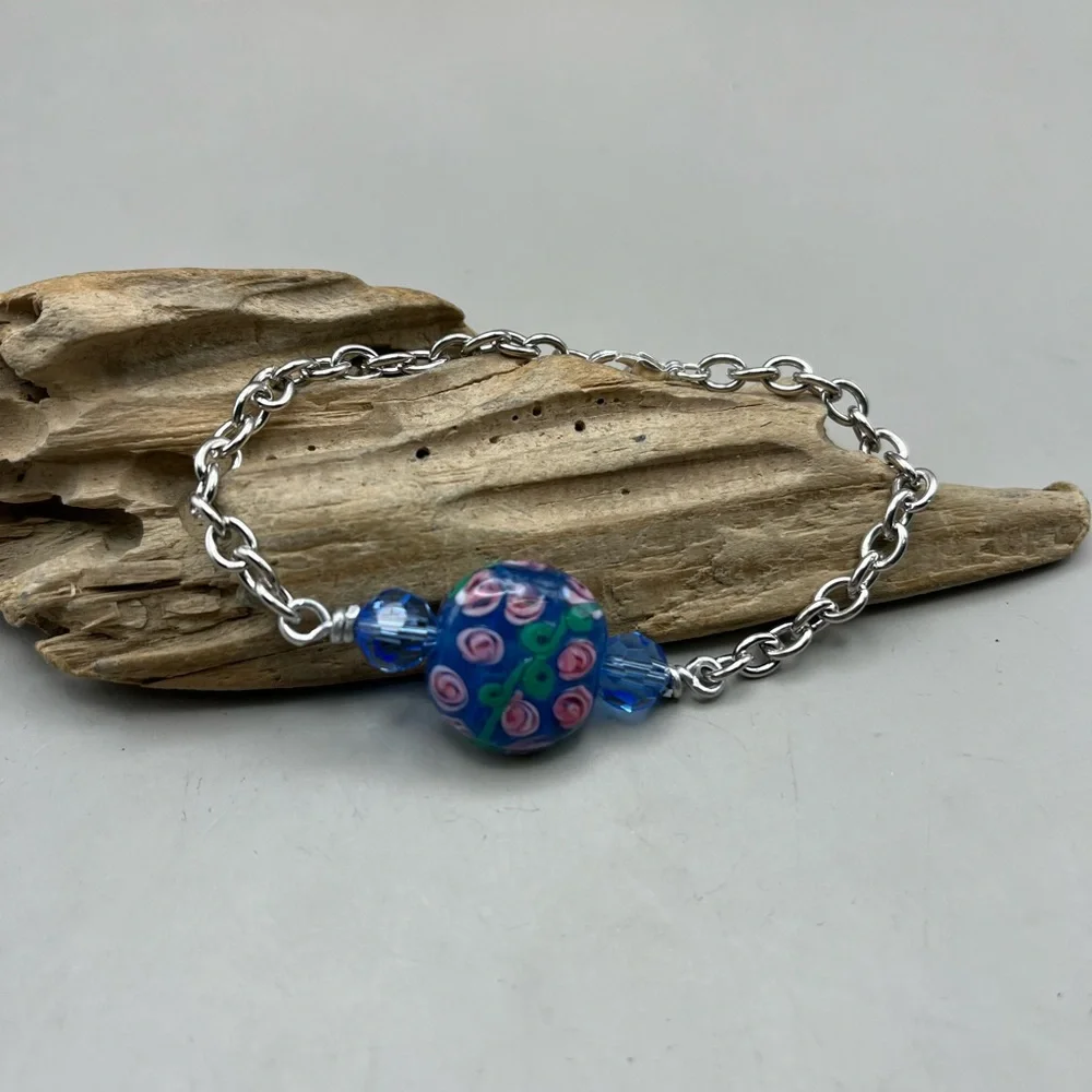Chic Silver Tone and Blue Lampwork Beaded Bracelet -Pink Floral Art Glass